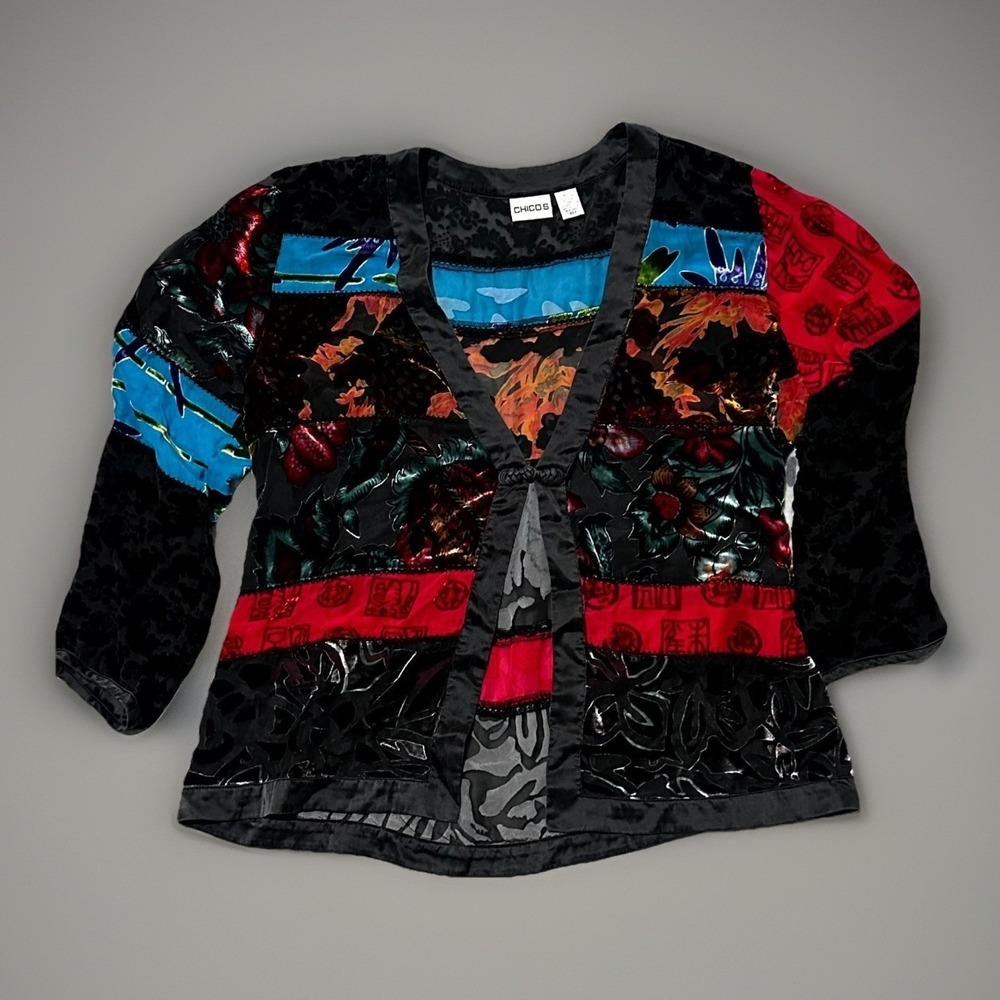 Chico's Patchwork Travelers Kimono Jacket Black Women's Velvet Silk Blend